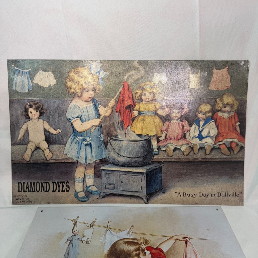 Vintage Diamond Dyes Tin Signs A Busy Day Dollville Bessie Pease Gutmann 1990's - Picture 2 of 4